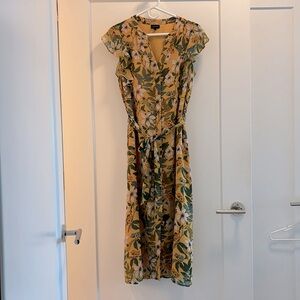 Who What Wear Yellow Floral Midi Dress with Cap Sleeves
